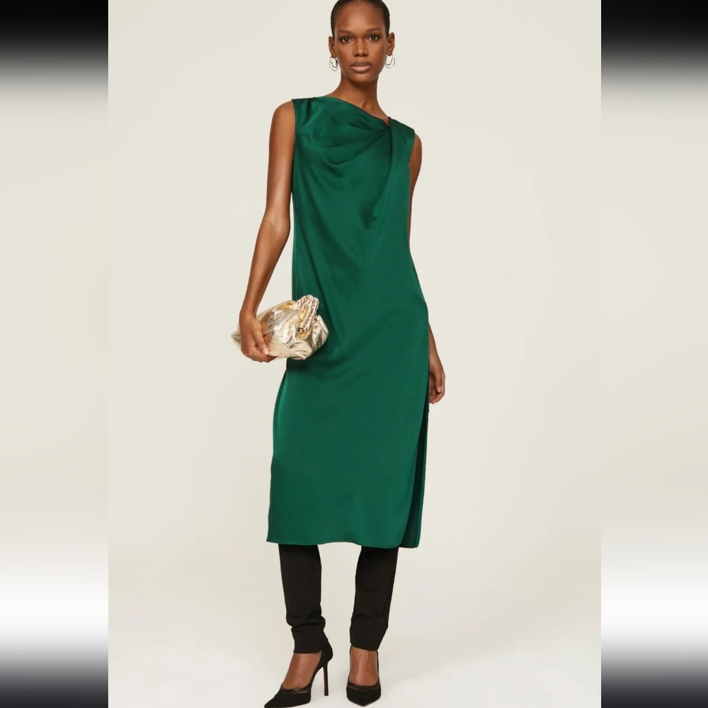 Marina Moscone Collective Green Satin Gathered Nexkline Tunic Dress Women's 8